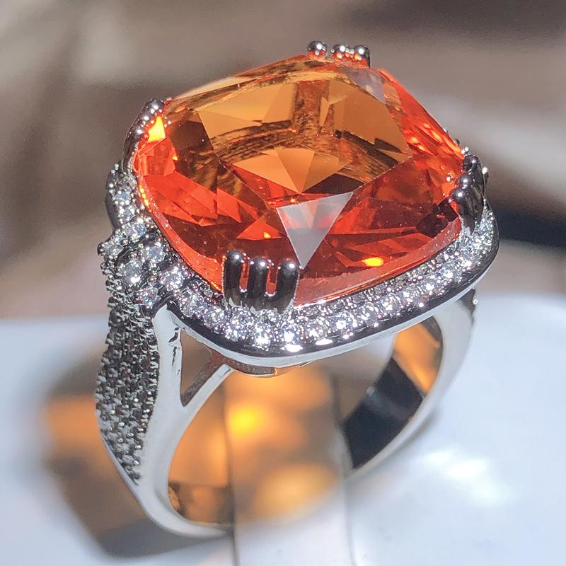 Square Large Orange Gem Ring Bohemian Style Wedding Ring For Women Micro-inlaid Zircon Ring Party Jewelry Engagement Ring