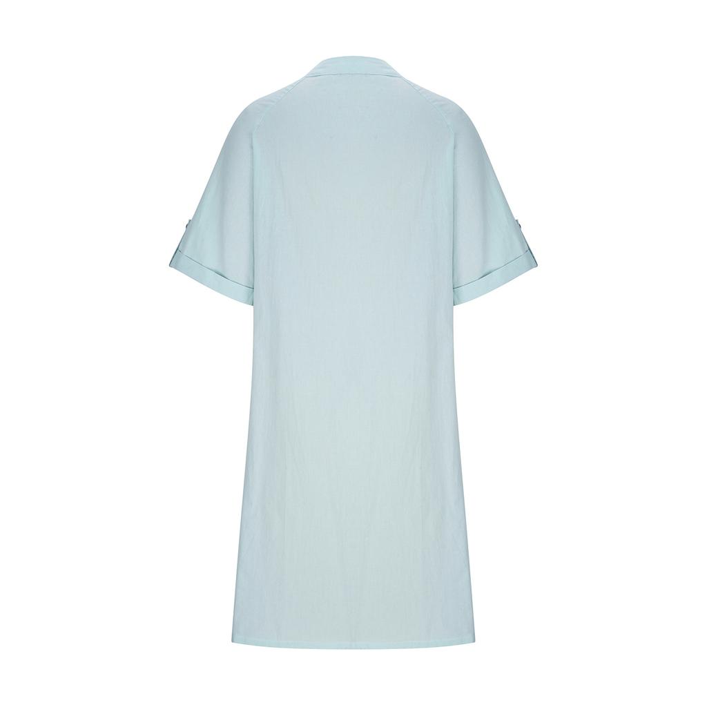 Modischer, mittellanger, einreihiger, lockerer, einfarbiger A-Linien-Rock aus gewaschener Baumwolle mit kurzen Ärmeln und V-Ausschnitt für Damen