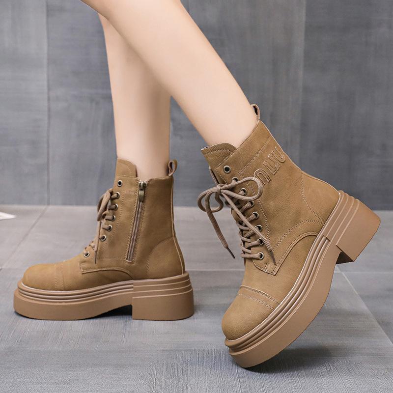 Inner Heightening Martin Boots Women's 2025 New Spring and Autumn British Style Thin Big Yellow Boots Lace-up Brown High-heeled Single Boots