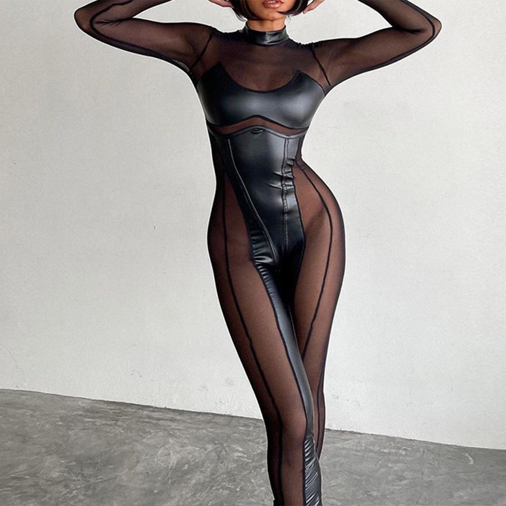 Damen Sexy Dessous Party Splicing Mesh Durchsichtiger Langarm Sexy Bodysuit