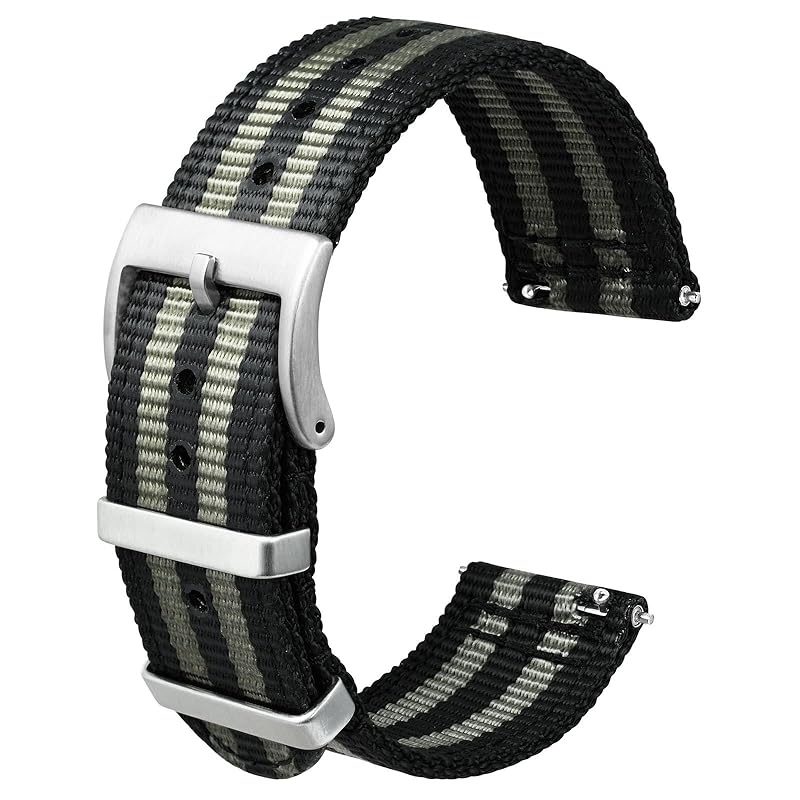 

[Anbeer] 22mm watch band nylon two piece style quick release replacement belt with metal loop stripe silver buckle