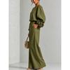 Women's new solid color round neck long-sleeved floral wide-leg pants loose casual suit two-piece set