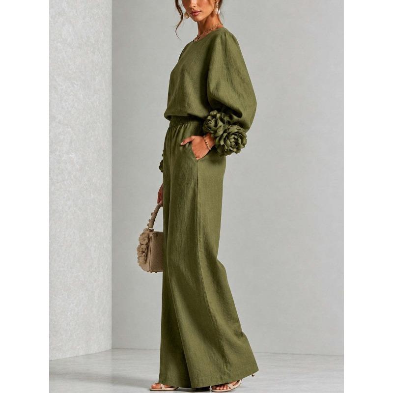 Women's new solid color round neck long-sleeved floral wide-leg pants loose casual suit two-piece set