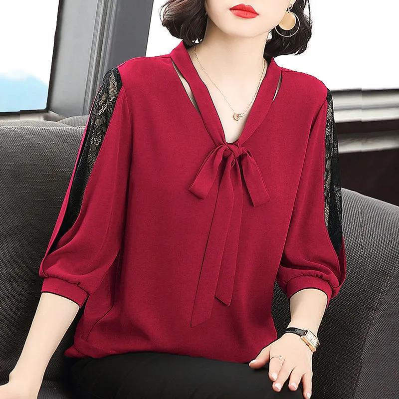 Women's Spring and Autumn Long-sleeved Chiffon Shirt Large Size Loose Solid Color Lace-up Top