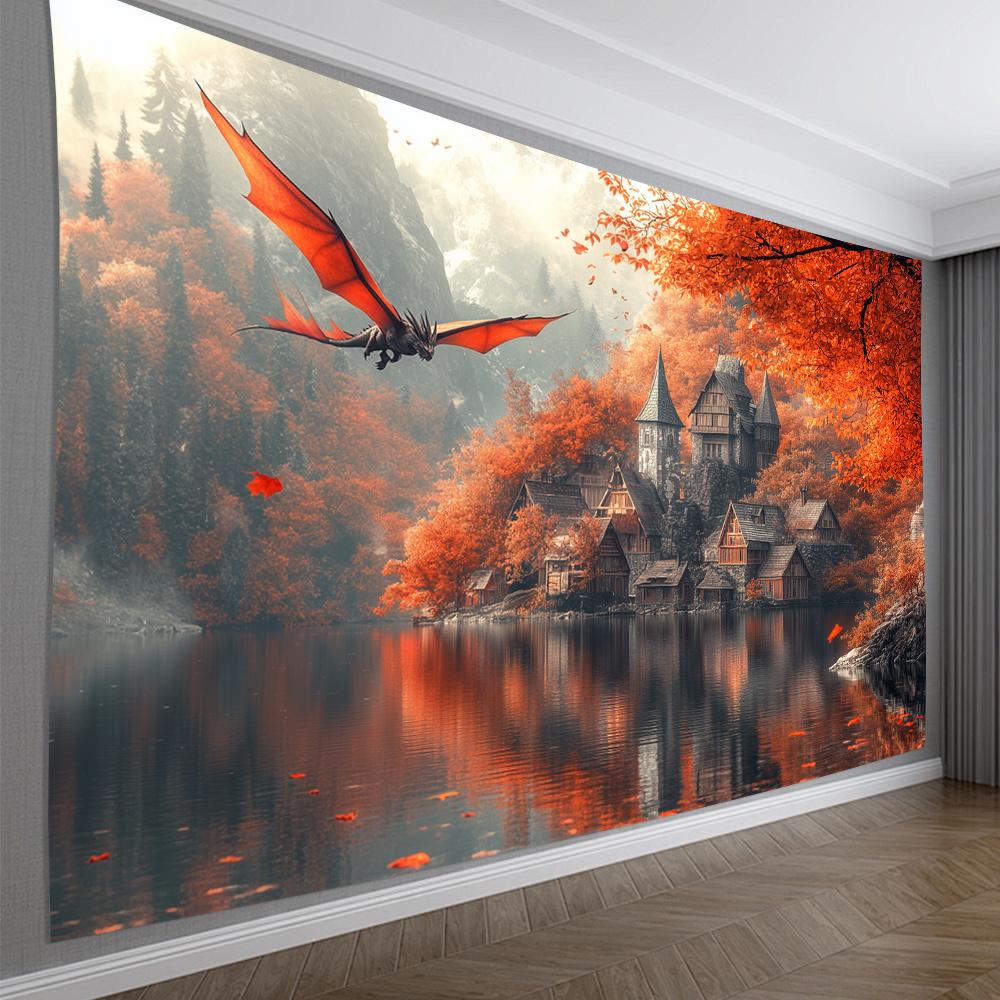 Red Dragon Tapestry, Medieval Castle And Autumn Lake Landscape, Fantasy Wall Hanging For Bedroom Living Room 70x100cm28x39in