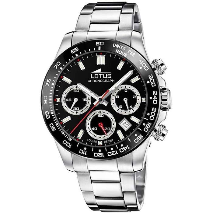 Montre - LOTUS - Montre Lotus chrono acier - Étanche - Cadran noir - Bracelet acier inoxydable