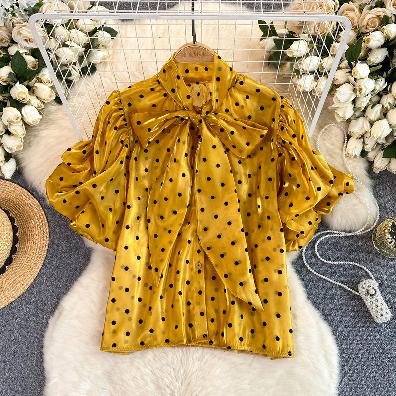 

Polka Dot Bows Niche Style Puff Sleeves Streamer Shirt Yellow One size