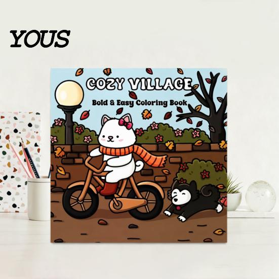 Drawing Pads for Colored Pencils Cozy Village Coloring Book, Thickened Cotton Pulp Paper, Stress Healing Cartoon Illustrations Relief Portable
