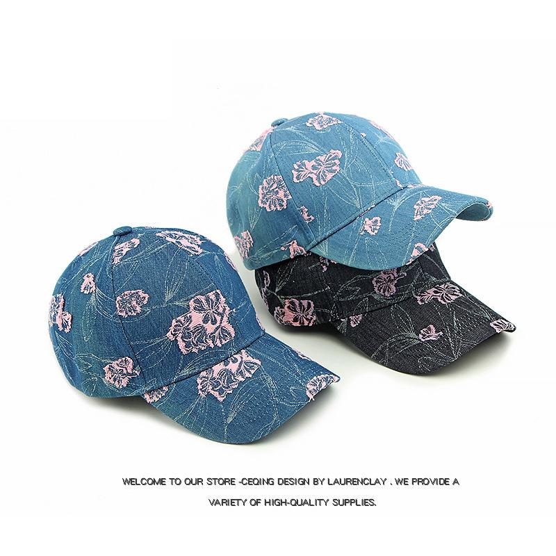 Women Jacquard Flower Cap Outdoor Sun Hat Denim Baseball Cap