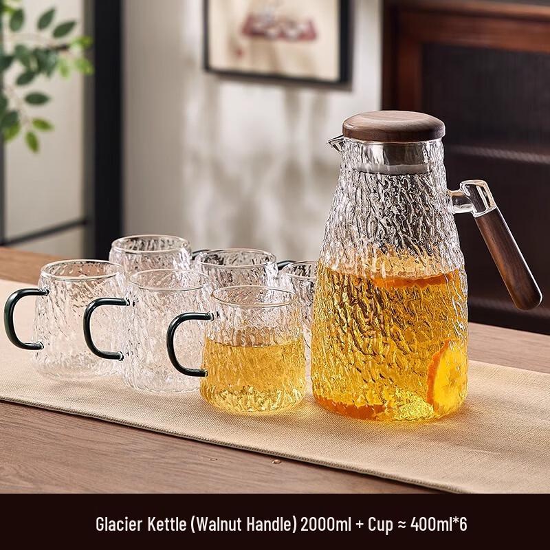 Glass Water Pitcher and Cup Set with Walnut Accents