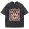 Retro Gewassen T-shirt Vintage Dames Heren Zuurwas T-shirts Luipaard Cartoons Bedrukking T-shirts Ronde Hals Katoen Oversized Kort