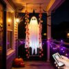 Autumn Maple Leaf Accents Hanging Swing Ghost Halloween Decoration with Leaf, Light Up Ornament Seasonal Manor Window Decor Height Adjustable