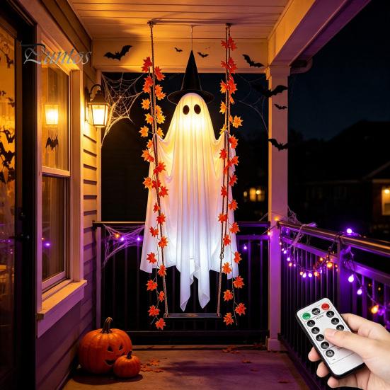Autumn Maple Leaf Accents Hanging Swing Ghost Halloween Decoration with Leaf, Light Up Ornament Seasonal Manor Window Decor Height Adjustable