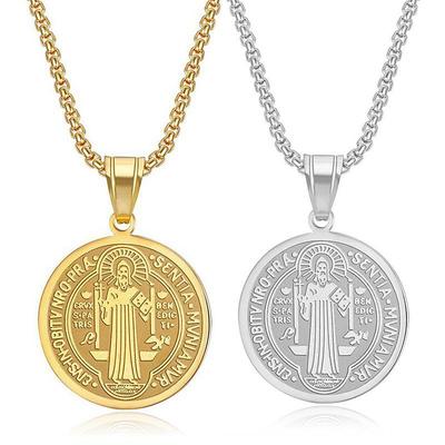 Catholic Saint Benedict Medallion Pendant Necklace Gold Color Stainless Steel Collares for Jewelry