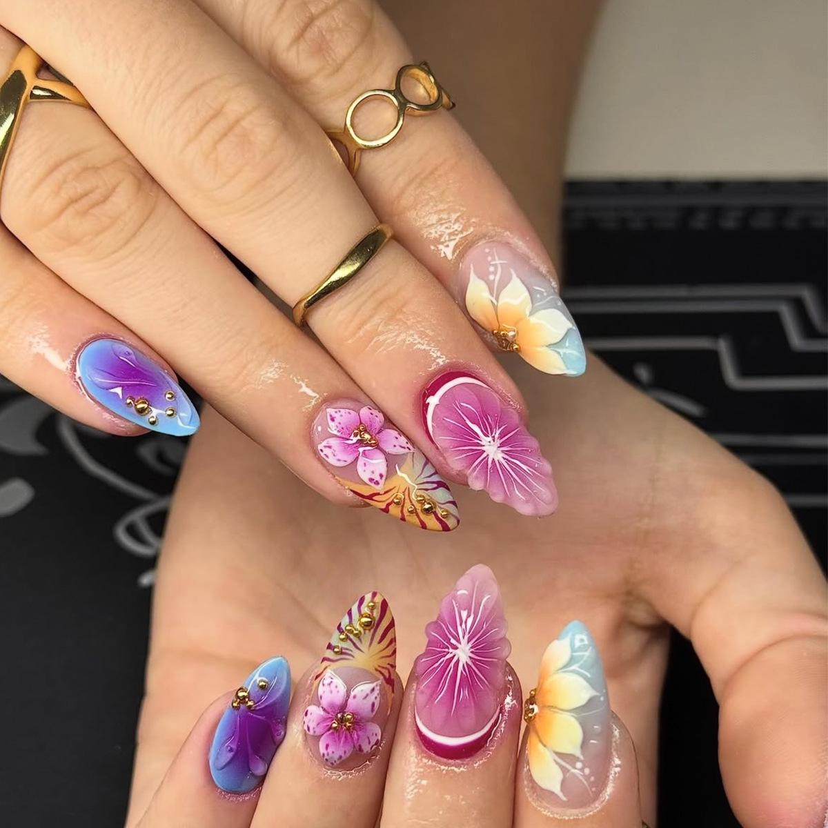 Multi-color 3D Embossed Flower Almond Wearable Nail Stickers