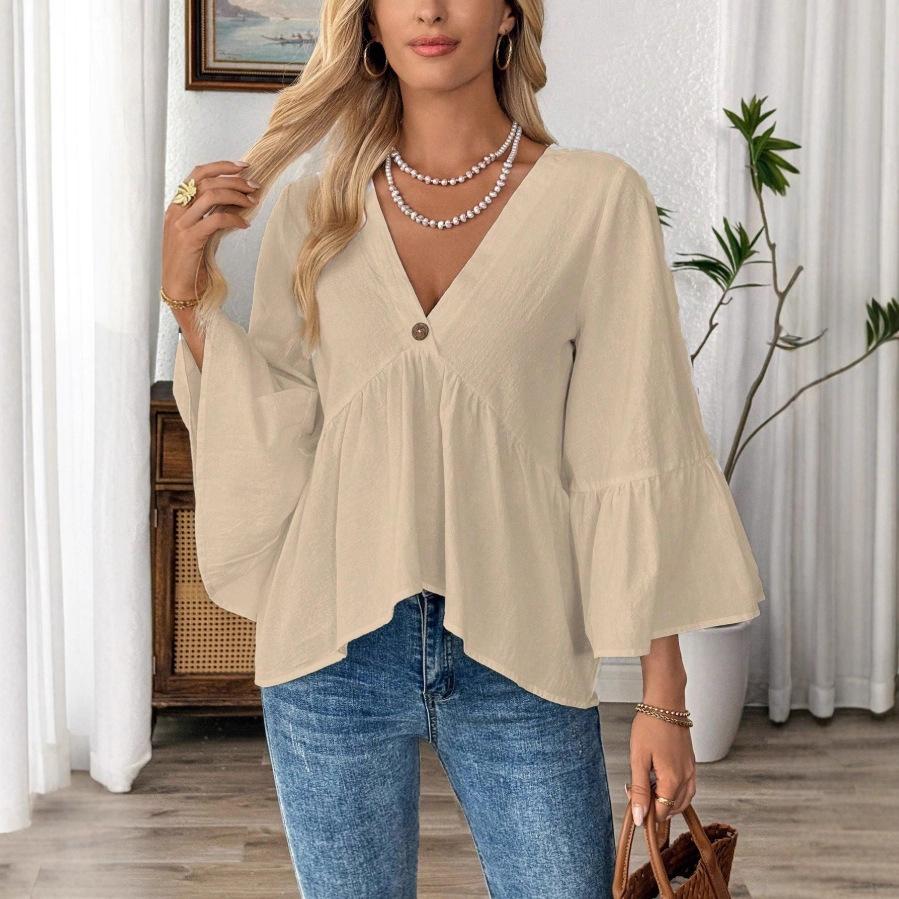 New Solid-color V-neck Lotus Leaf Sleeve Top for Women in Spring and Summer