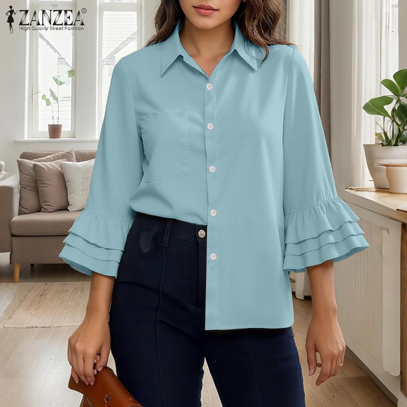 

ZANZEA Women Casual Turn Down Collar Solid Color 3/4 Sleeve Loose Blouse M зелёный