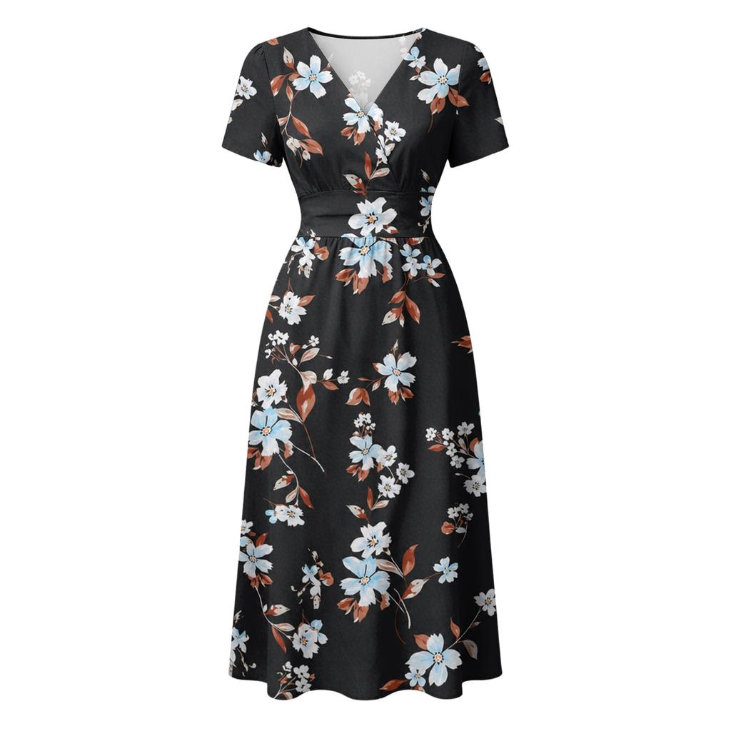 Women's Casual V Neck Waist Cinched Floral Print Short Sleeve Midi Dress Lightweight Comfortable Fabric Summer Dress