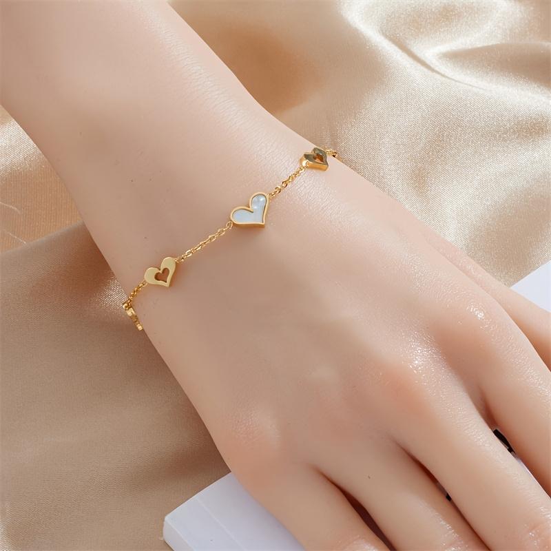 Gold Tone White Shell Heart Charm Bracelet – Dainty Stainless Steel Romantic Jewelry for Women, Adjustable Love Gift