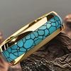 Stylish Unisex 316L Stainless Steel Wedding Ring - Golden Plated with Simulated Turquoise Inlays, December Birthstone, Elegant Bohemian Design for Cas