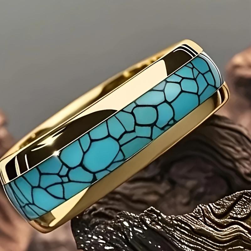 Stylish Unisex 316L Stainless Steel Wedding Ring - Golden Plated with Simulated Turquoise Inlays, December Birthstone, Elegant Bohemian Design for Cas