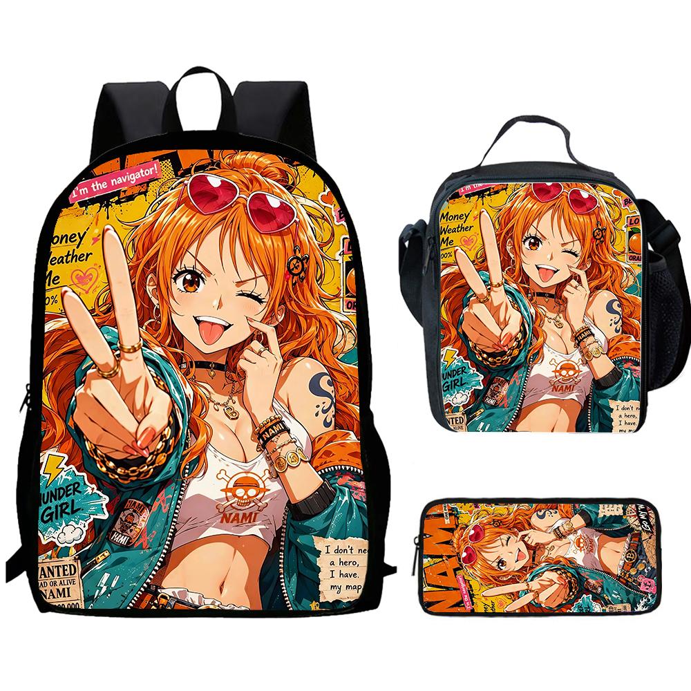 One Piece 15-Inch Mochila 3 Pcs Lightweight Adjustable Cartoon School Backpack With Lunch Bag Pencil Case For Children Ages 6-10