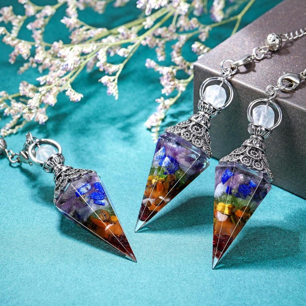 Antique Silver Seven Chakra Crystal Resin Pendulum with Semi-Precious Chips Pendant