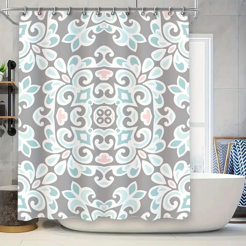 Modern Floral Print Shower Curtains Elegant Waterfall Pattern Bath Decor For Home Bathroom Accessories Gray Blue White Color Mat