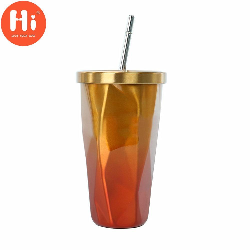Hi Sticla de cafea din oțel inoxidabil 304 cu perete dublu de 500 ml, cu paie, ceașcă de bere rece cu pahar