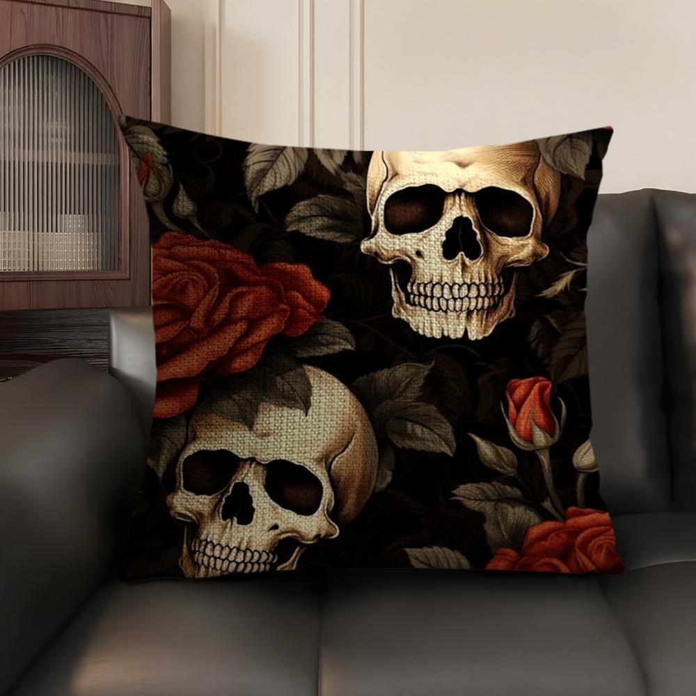 Luxurious Skull Pattern Cushion Cover Natural Linen Organic Fabric DoubleSided Printing Sofa Home Decor Breathable