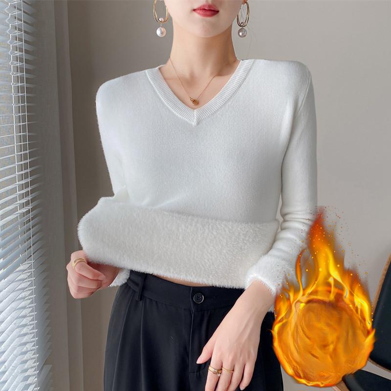V-neck Sweater for Women Autumn and Winter Thick Knit Sweater with Added Velvet Long Sleeved Solid Color Warm Pullover