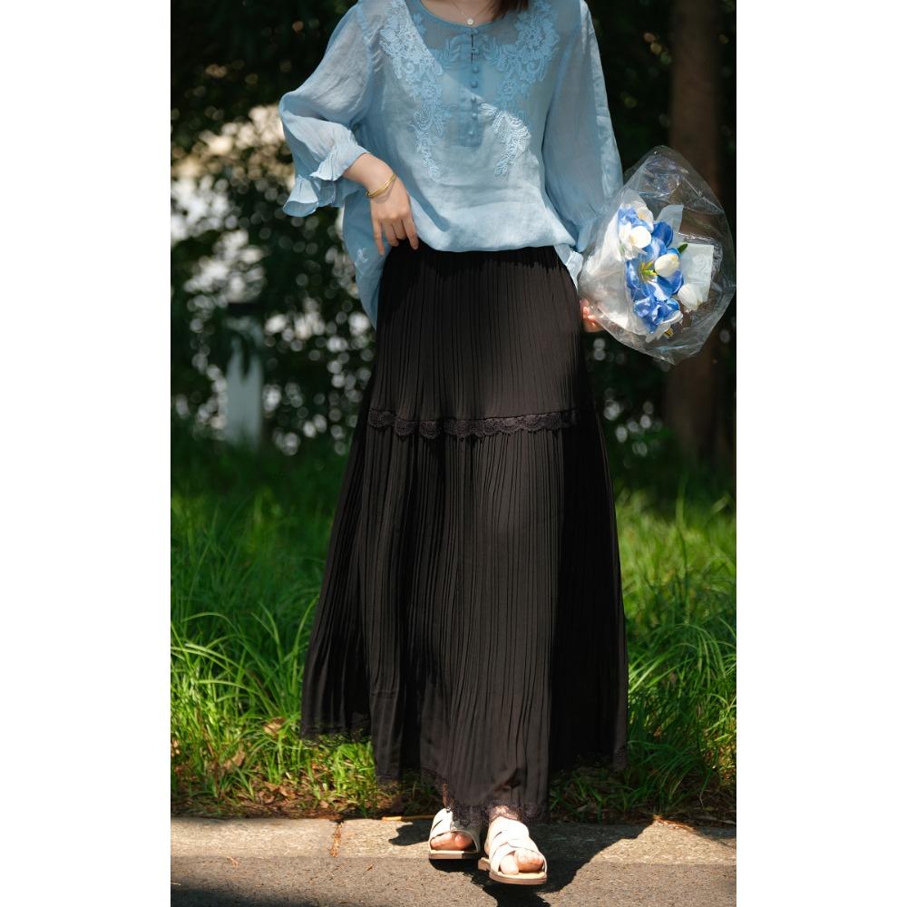 Dimanaf 2025 Summer Women New Skirts Chiffon Solid Lace Pleated Elastic Waist Mesh Elegant Skirts