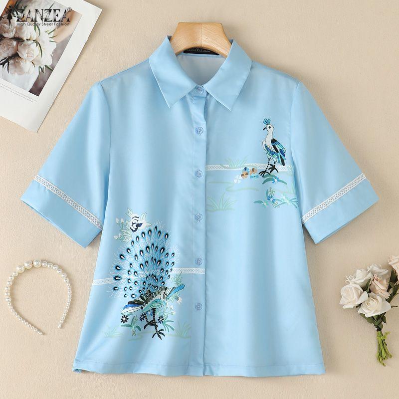 ZANZEA Women Casual Turn Down Collar Loose Print Half Sleeve Blouse