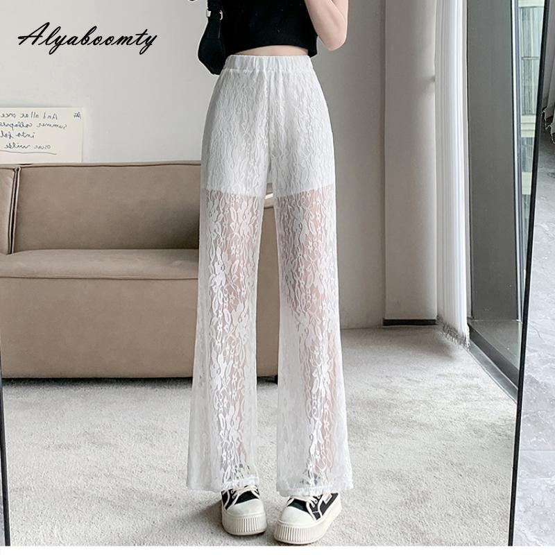 Korejská móda letní dámské bílé krajkové kalhoty s elastickým pasem, tenké stylové dámské elegantní ženské kalhoty se širokými nohavicemi