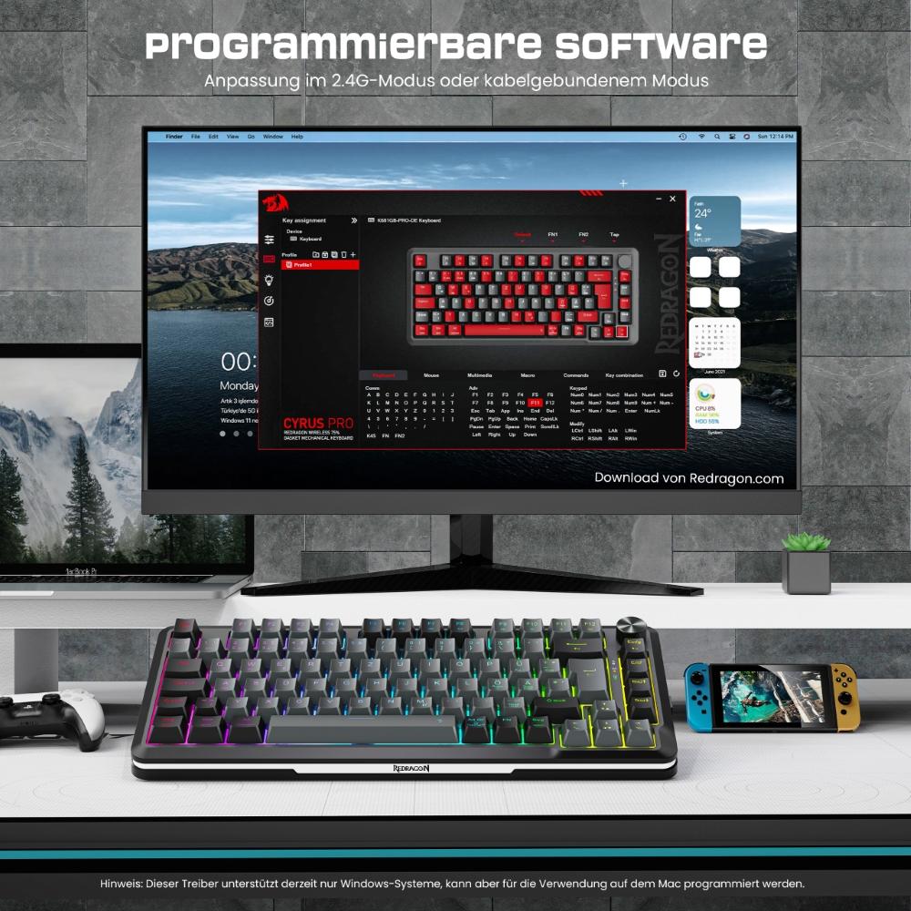 Redragon K681GB-PRO-DE Tri-mode Mechanical Keyboard, RGB Dragon Roar Switches, Hot-swappable, 4000mAh Battery, with Knob and Black/Gray Keycaps