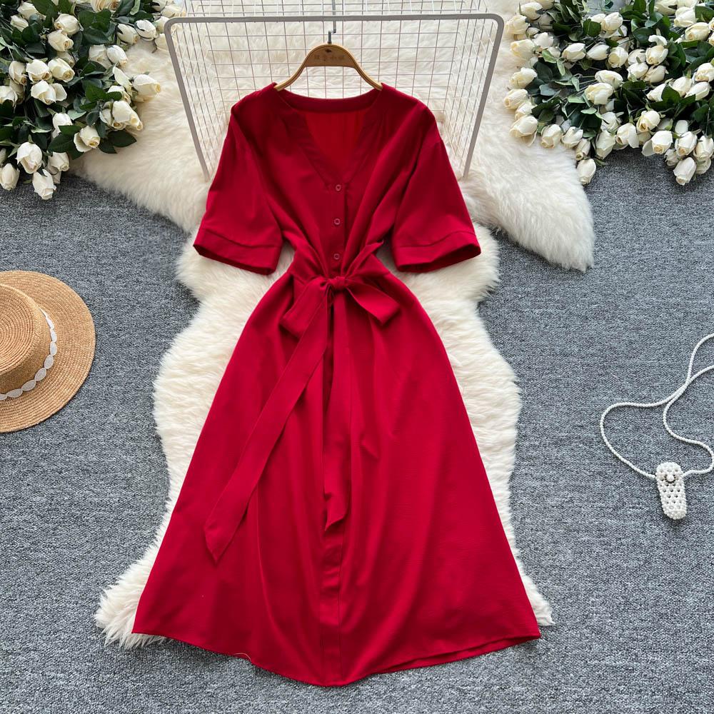 

Модные платья макси на одной пуговице для женщин, летние, винтажные, однотонные, женский халат, с V-образным вырезом, на завязках, элегантное платье One Size красный