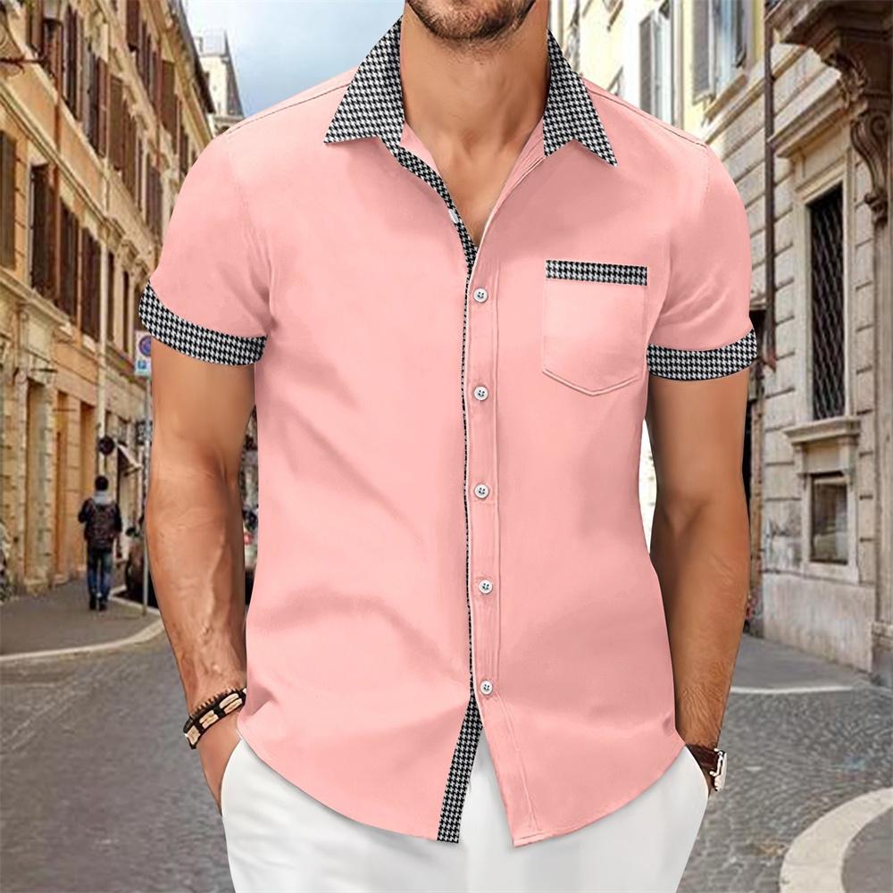 Patchwork printed shirt for men, solid color, comfortable and soft short sleeve top, large size, summer New