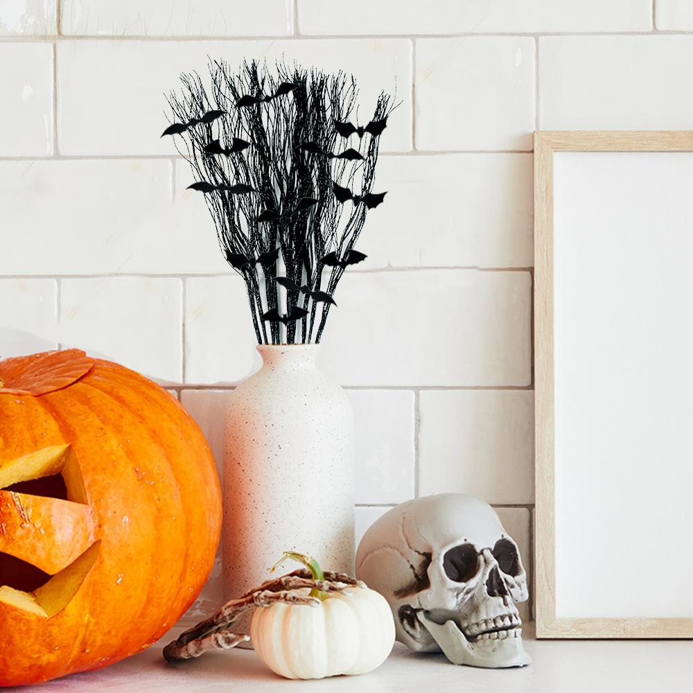 Halloween Black Artificial Curly Willow Branches Decorative 3D Bat Stickers Glittery Faux Branch Sticks Halloween Party Decor