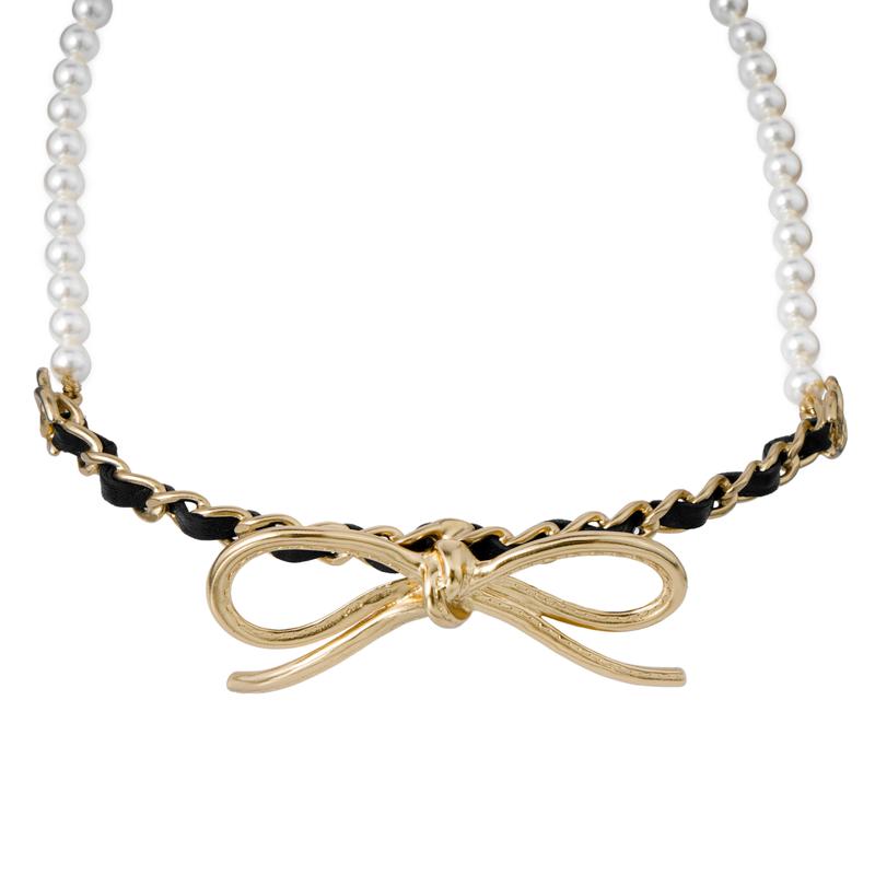 CHANEL Metal Bow Calfskin Glass Pearl Chocker Necklace Women's Gold/Black