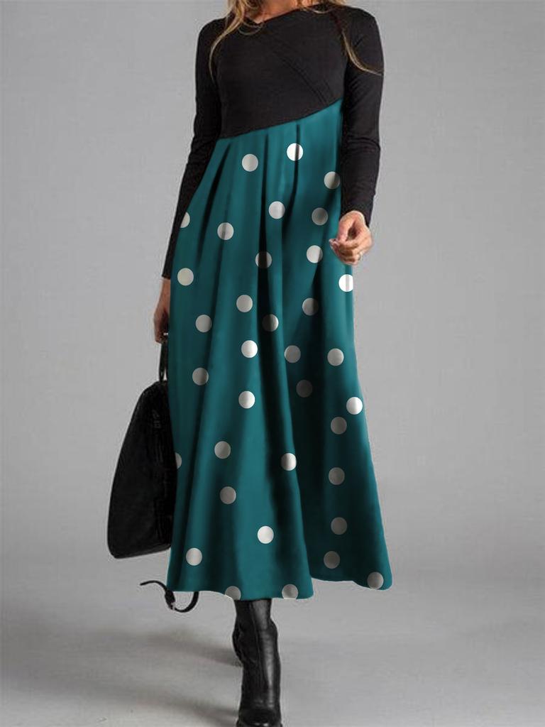 Women Color Block Floral Print Long Sleeve Maxi Dress Casual Loose A Line Long Dress S-XXXL
