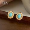 Vintage Turquoise Zircon Oval Stud Earrings - Retro Luxury Statement Jewelry
