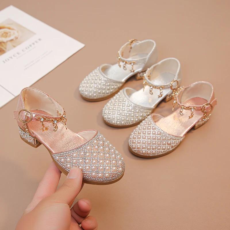 Mädchen Lederschuhe für Hochzeitsfeier Glitzer Strass mit Anhängern Glänzender Glitzer Mode Prinzessin Kinder Kleiderschuhe Hoher Absatz