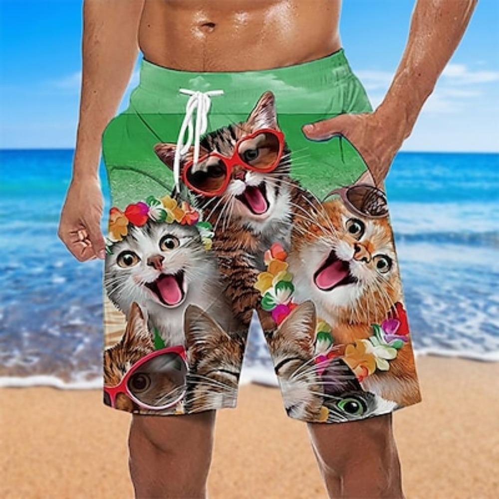 Men's Pattern Animal Cat Swimming Pants Hawaiian Designer Bohemian Casual Daily Holiday Pull Rope Clothing