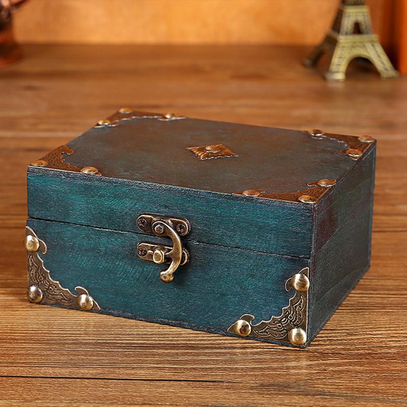 Vintage Wooden Storage Box Small Wooden Storage Chest Trunk Pirate Treasure Chest With Lock Trinket  Jewelry Necklace Decor Box