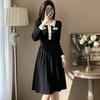 Autumn Winter Fashion Black White Contrast Collar Knitted Dress for Women's Slim Waist Above Knee Sweater Dress