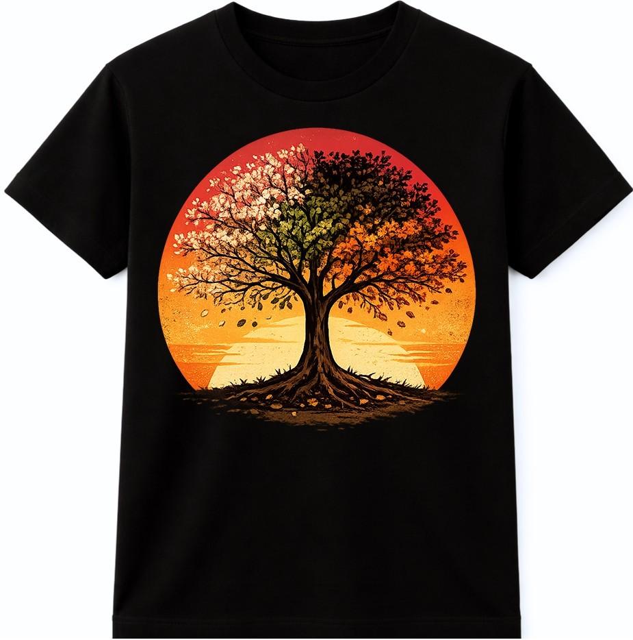 Tree Sunset Four Seasons T Shirt Colorful Nature Landscape Graphic Tee S
