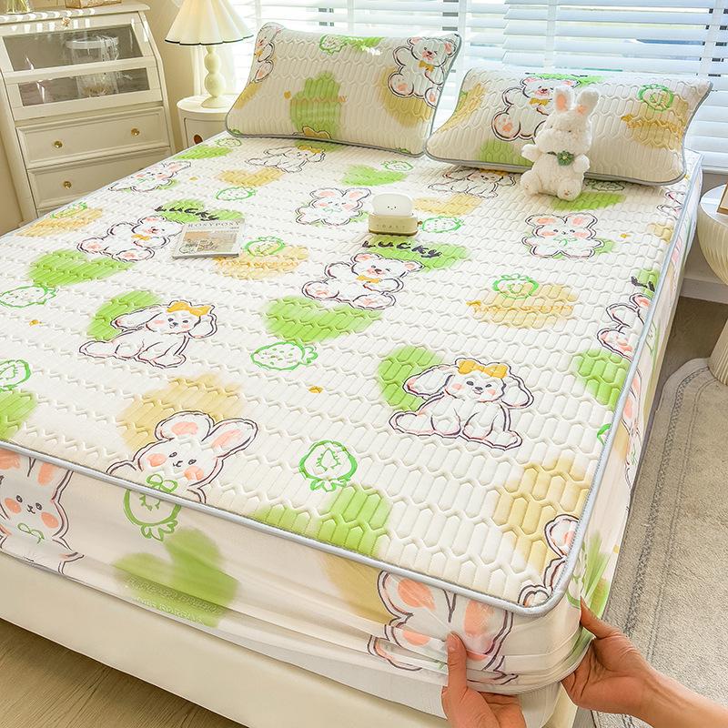 3Pcs Summer Natural Latex Cooling Mat Set Cartoon Printed Fitted Sheet with Pillowcase Soft Non-Slip Bedding with Elastic Band