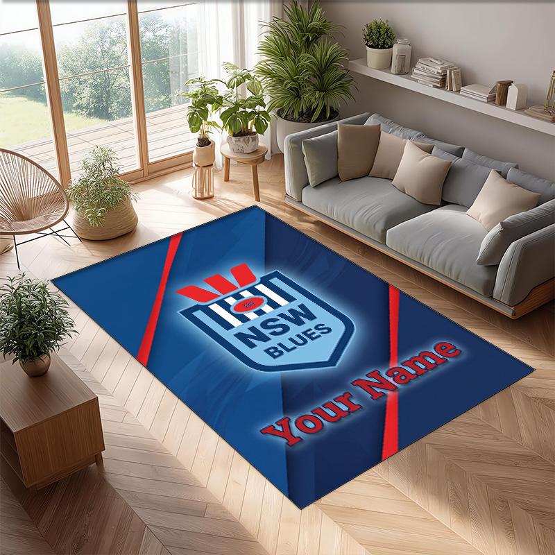 NSW Blues logo Crystal Velvet Rug, Custom Name Text Personalized Non‑Slip Floor Mat for Home Decor Gift
