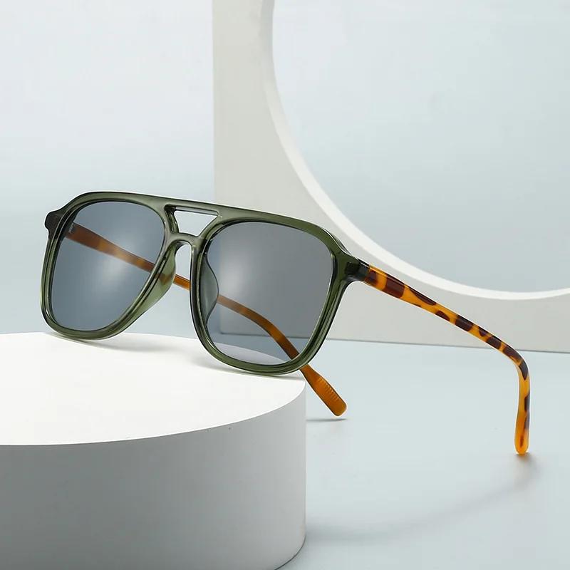  Retro Double Bridges Men Square Sunglasses Fashion Green Leopard Women Trending Gradient Sun Glasses