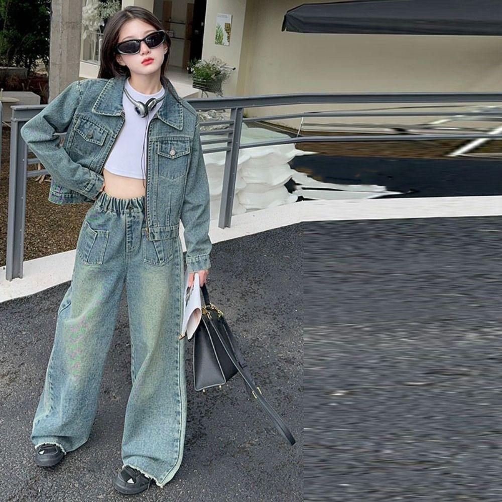 Y2K Jeans Jacket Suit Wide Leg Pants Girls Clothes Set Outfits Children Cowboy Set  Students